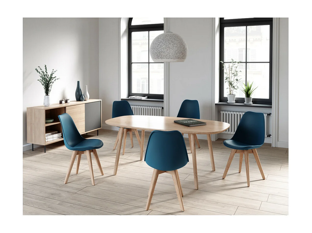 Lot de 2 chaises scandinaves ANDREA avec coussin et pieds bois - Bleu canard