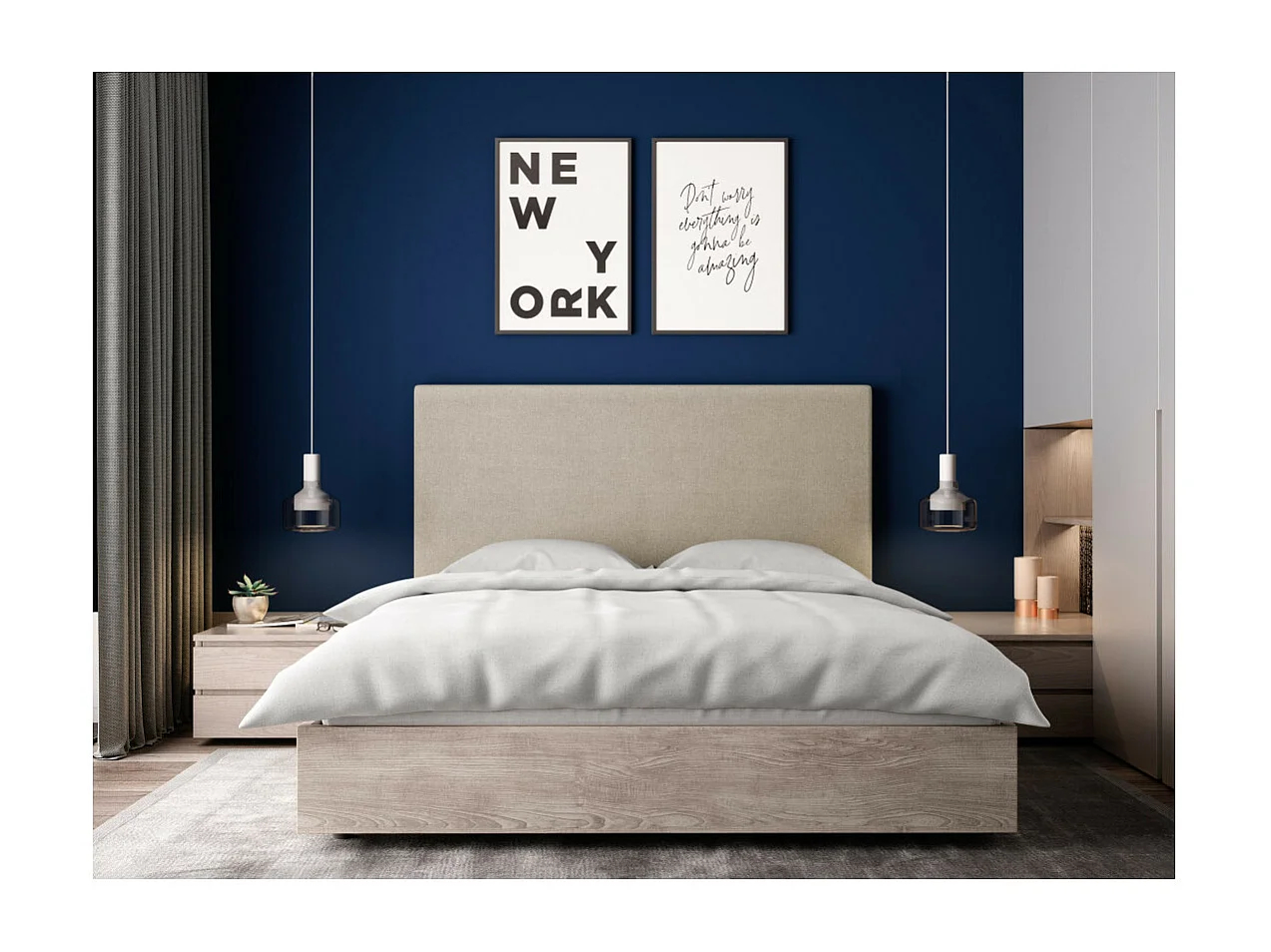 Tête de lit lisse en tissu NUMA - Beige, Largeur - 140 cm