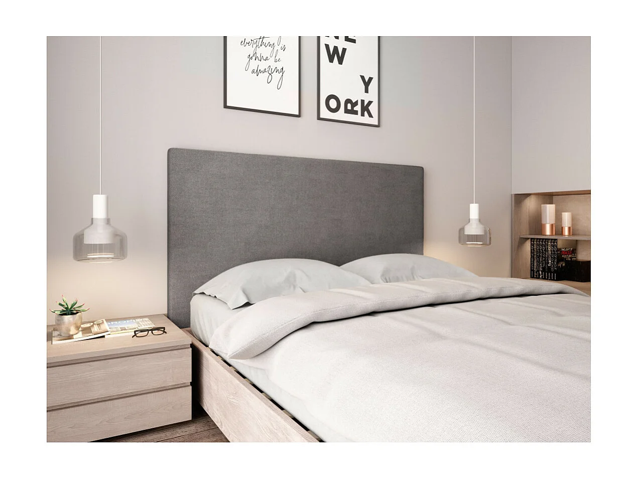 Tête de lit lisse en tissu NUMA - Gris, Largeur - 160 cm