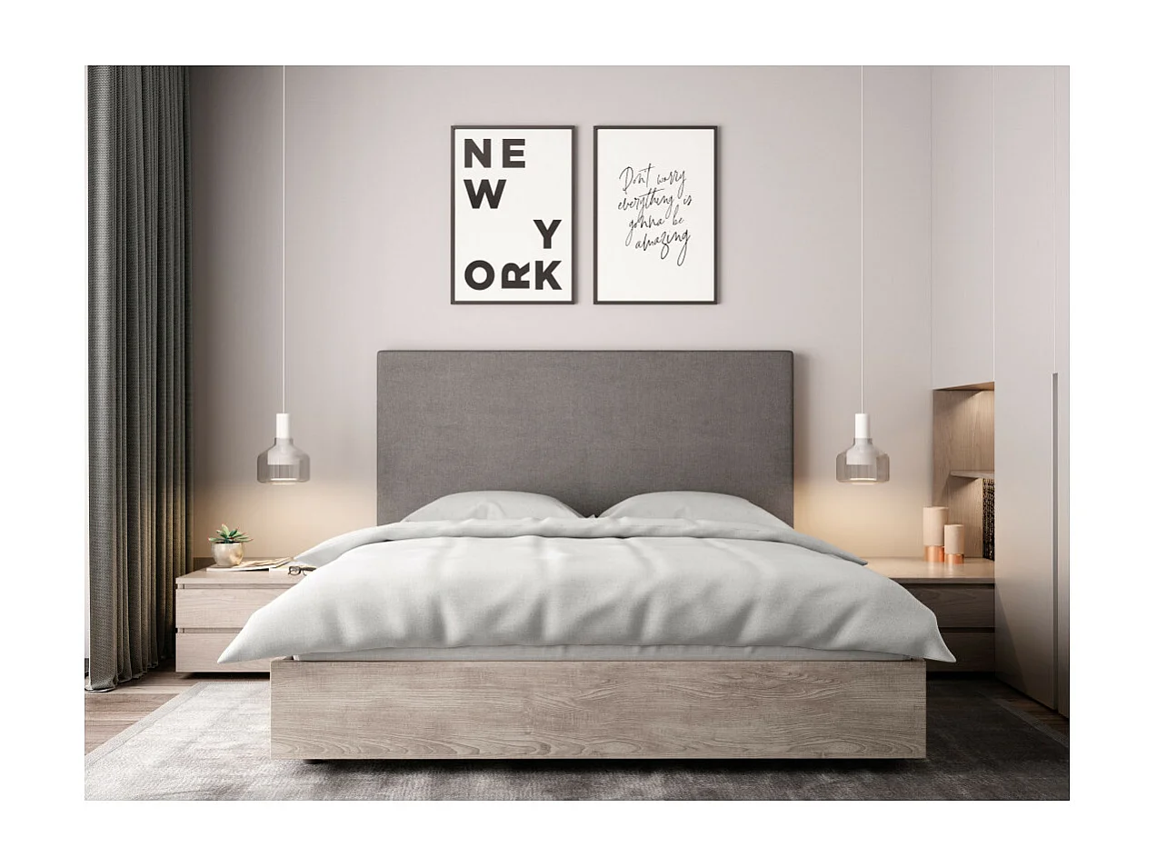 Tête de lit lisse en tissu NUMA - Gris, Largeur - 160 cm