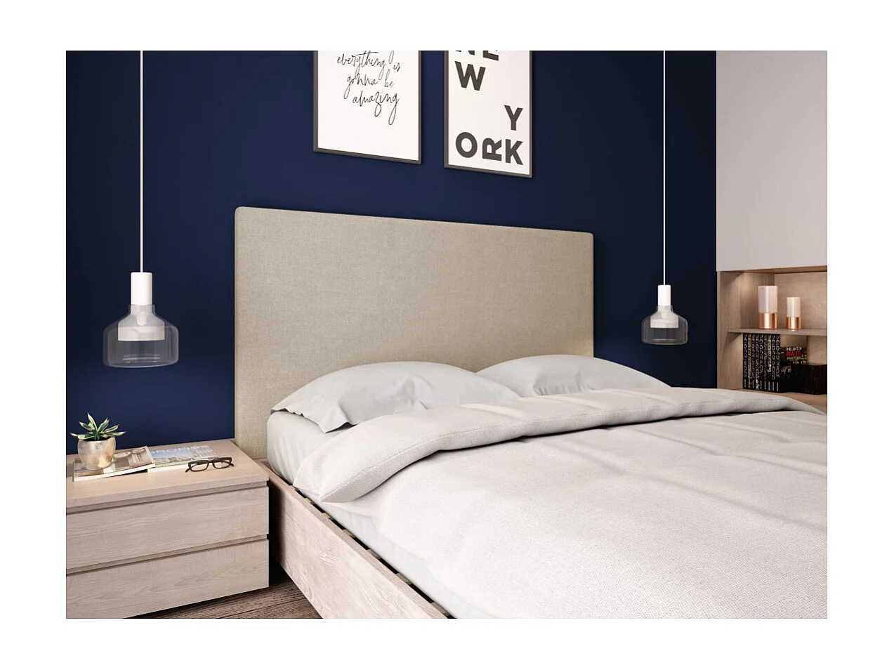 Tête de lit lisse en tissu NUMA - Beige, Largeur - 160 cm