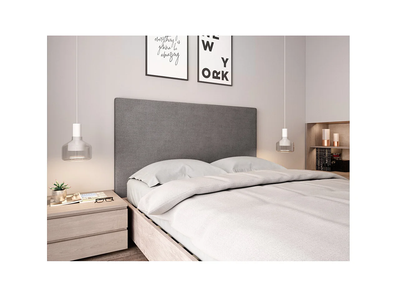 Tête de lit lisse en tissu NUMA - Gris, Largeur - 140 cm