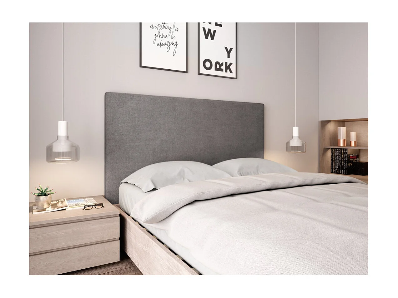 Tête de lit lisse en tissu NUMA - Gris, Largeur - 140 cm