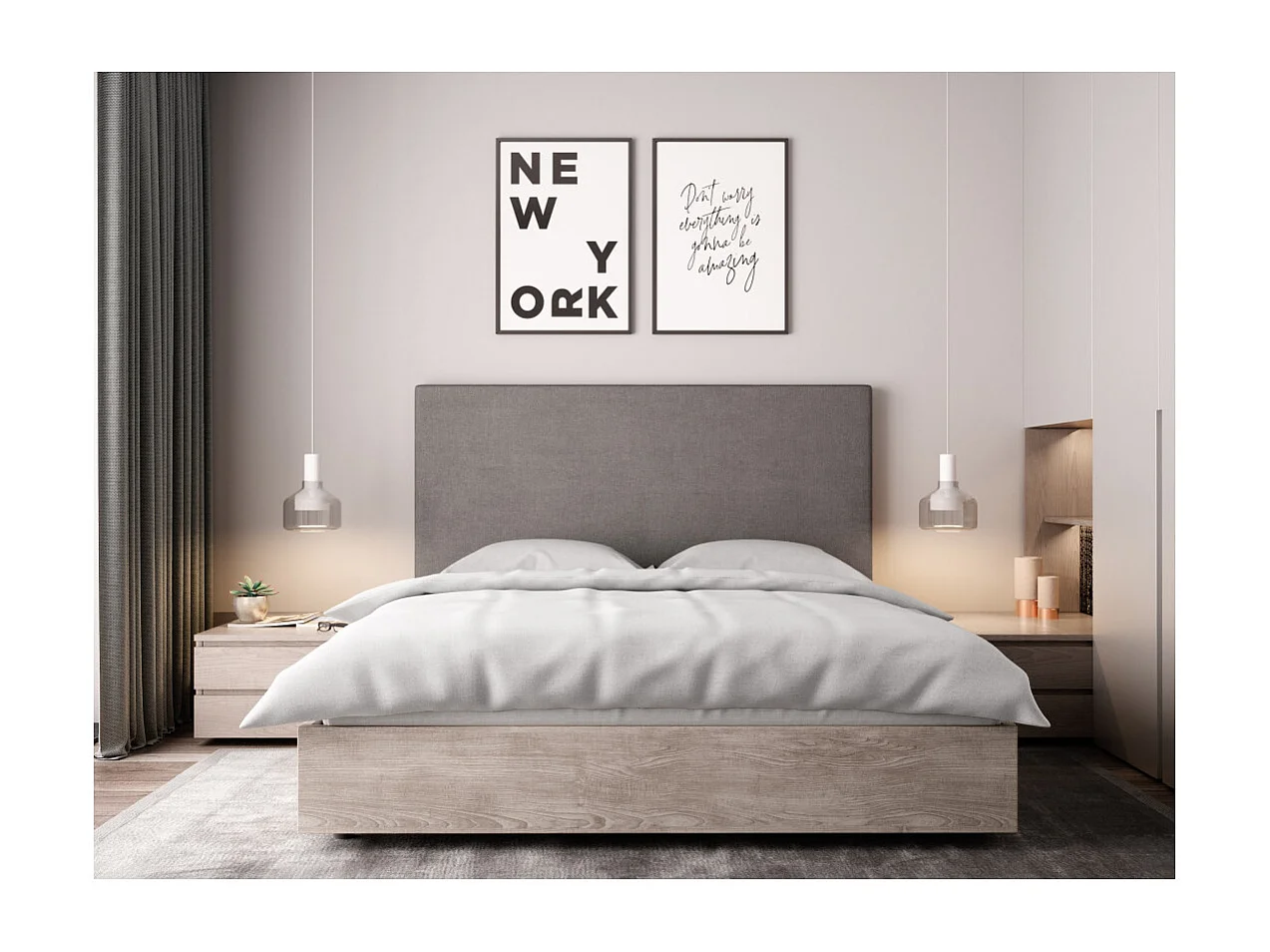 Tête de lit lisse en tissu NUMA - Gris, Largeur - 140 cm