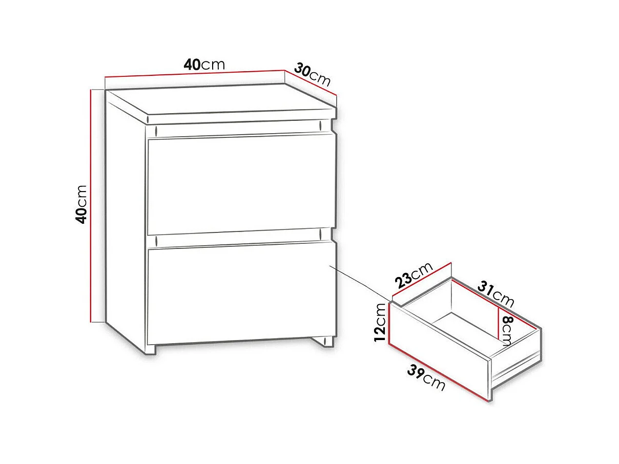 Nachttisch mit 2 Schubladen - 40x30x40 cm - Weiß - Malwa M2