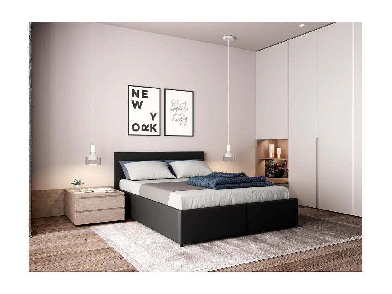 Cadre de lit EDGAR avec sommier relevable à lattes en simili - Noir, Largeur - 140 cm