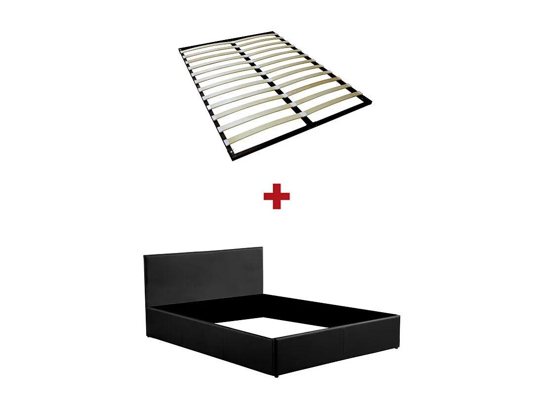 Cadre de lit EDGAR avec sommier relevable à lattes en simili - Noir, Largeur - 140 cm