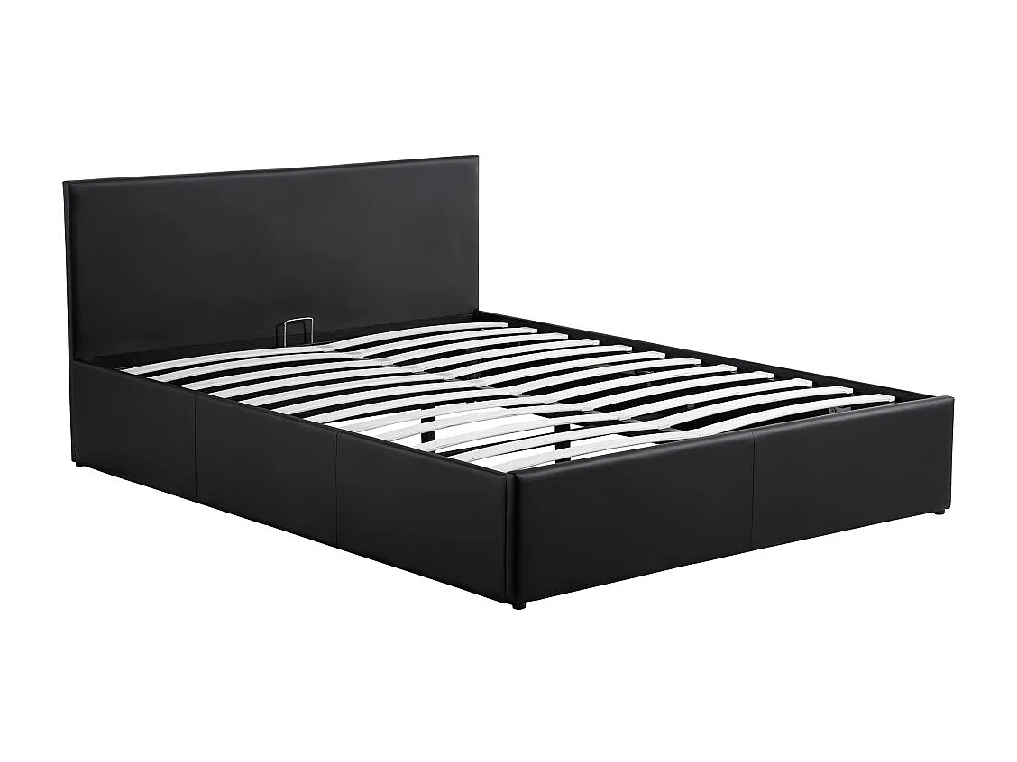 Cadre de lit EDGAR avec sommier relevable à lattes en simili - Noir, Largeur - 140 cm