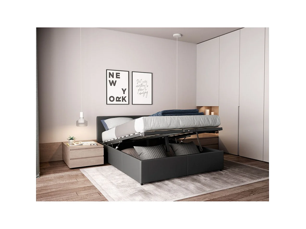 Cadre de lit EDGAR avec sommier relevable à lattes en simili - Gris, Largeur - 140 cm