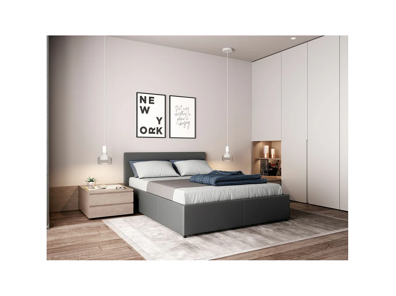 Cadre de lit EDGAR avec sommier relevable à lattes en simili - Gris, Largeur - 140 cm