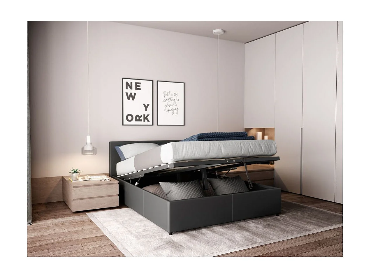 Cadre de lit EDGAR avec sommier relevable à lattes en simili - Gris, Largeur - 140 cm