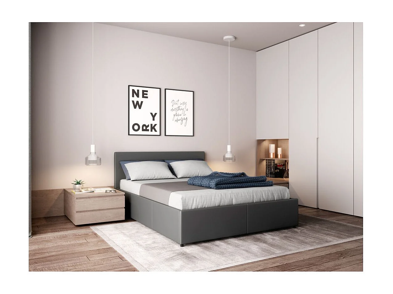 Cadre de lit EDGAR avec sommier relevable à lattes en simili - Gris, Largeur - 140 cm