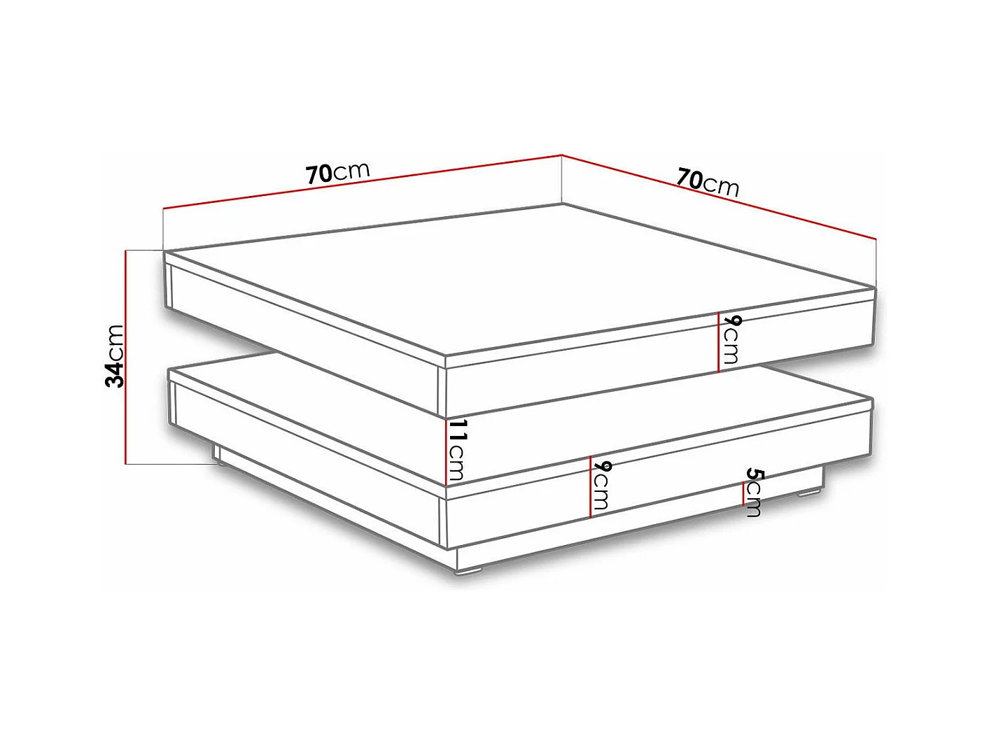 Mesa de café convertible Trenton 125, Blanco, 34x70x70cm, Aglomerado laminado, Angular