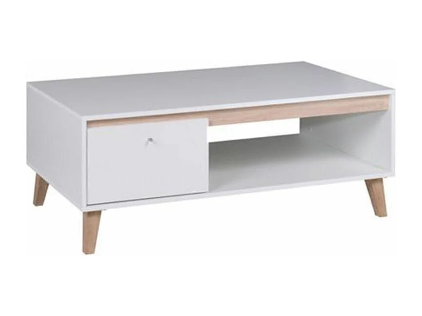 Table basse scandinave ORIANE 1 porte 120cm - Blanc et Bois