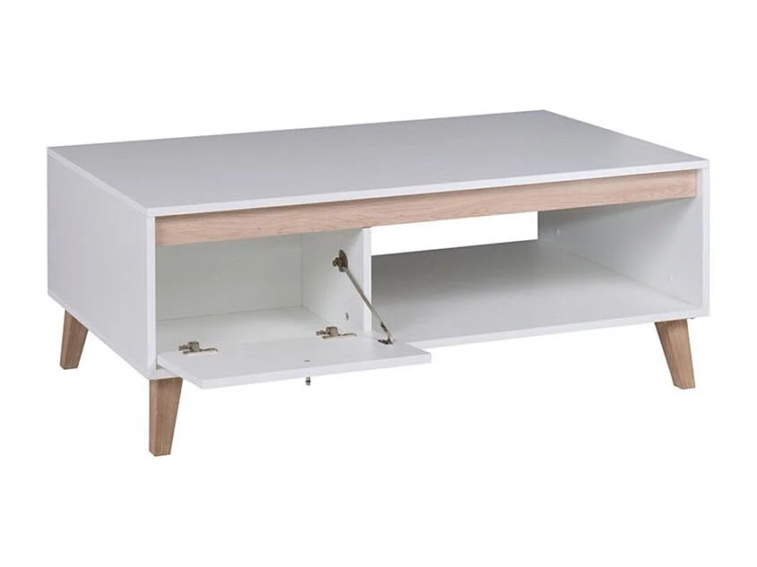 Table basse scandinave ORIANE 1 porte 120cm - Blanc et Bois