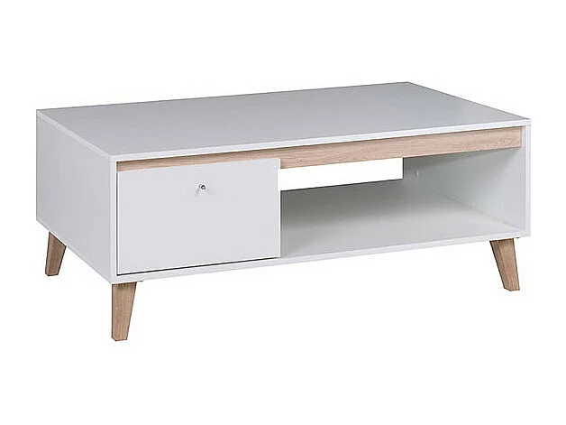 Table basse scandinave ORIANE 1 porte 120cm - Blanc et Bois
