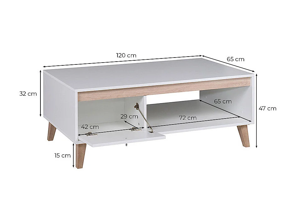 Table basse scandinave ORIANE 1 porte 120cm - Blanc et Bois