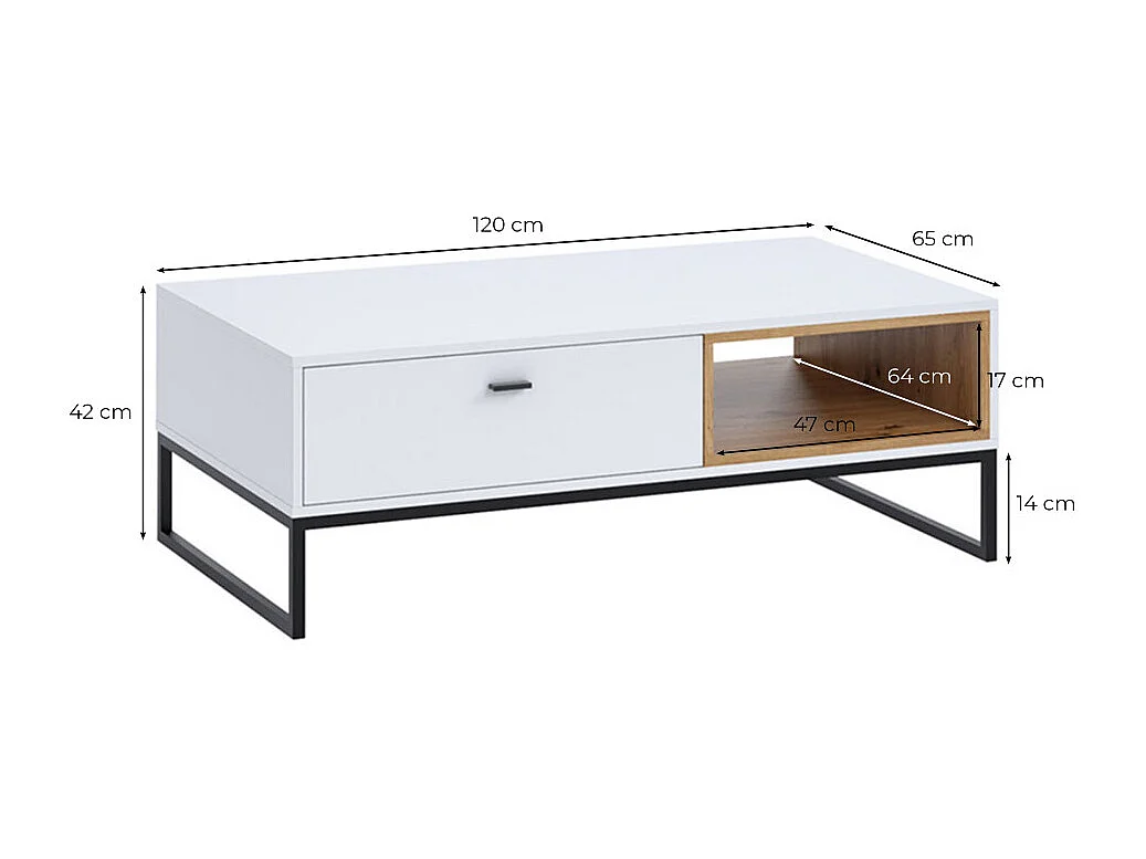 Mesa de café Providence J103, Blanco|Roble Artisan, 42x65x120cm, Aglomerado laminado
