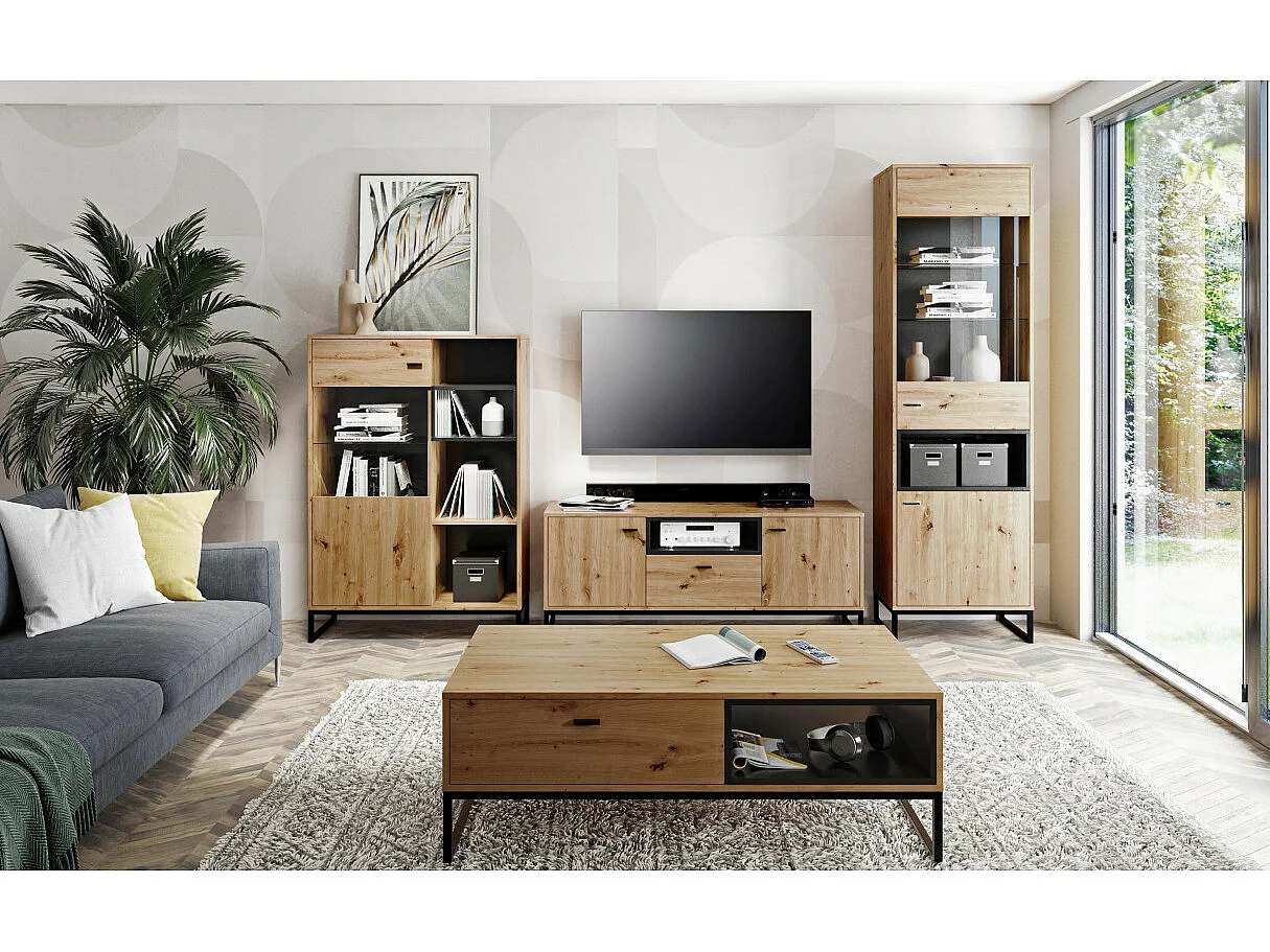 Mesa de café Providence J103, Negro|Roble Artisan, 42x65x120cm, Aglomerado laminado