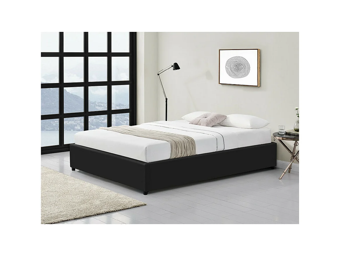 Cadre de lit TEO avec sommier relevable à lattes en simili - Noir, Largeur - 140 cm
