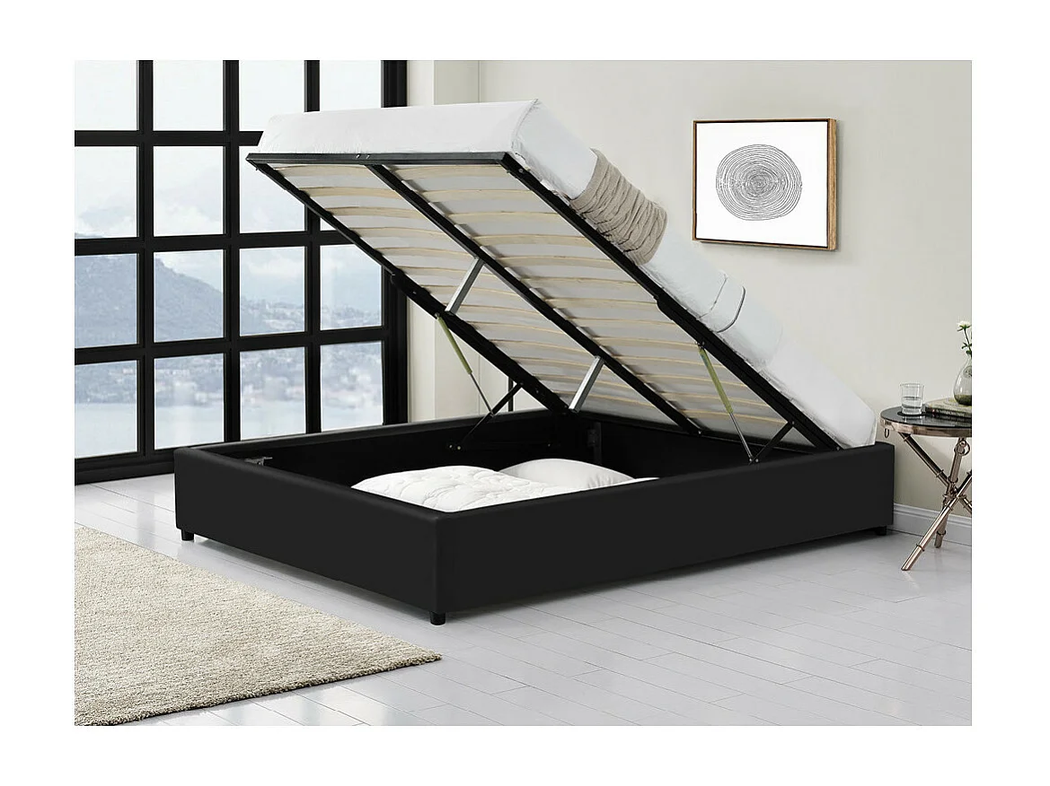 Cadre de lit TEO avec sommier relevable à lattes en simili - Noir, Largeur - 140 cm