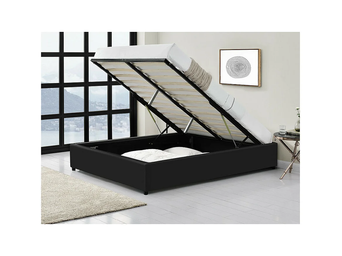 Cadre de lit TEO avec sommier relevable à lattes en simili - Noir, Largeur - 160 cm