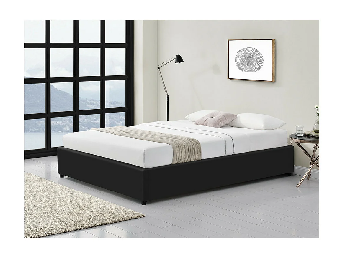 Cadre de lit TEO avec sommier relevable à lattes en simili - Noir, Largeur - 160 cm