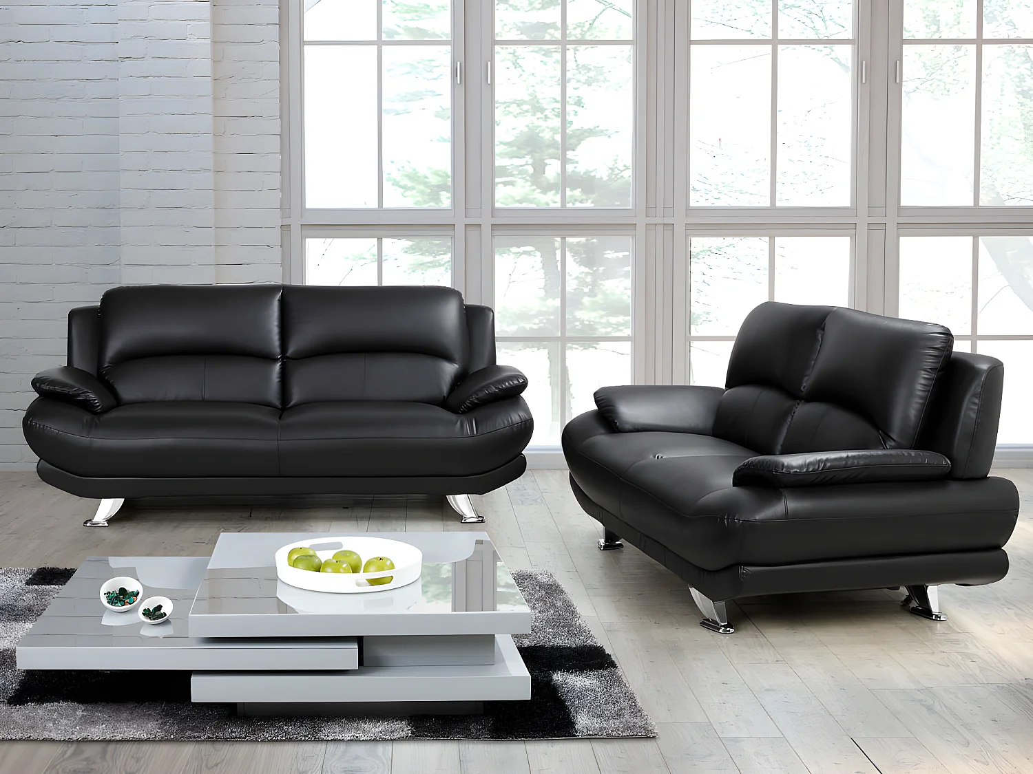 Driezits- en tweezitsbankvan kunstleer MUSKO - Zwart.