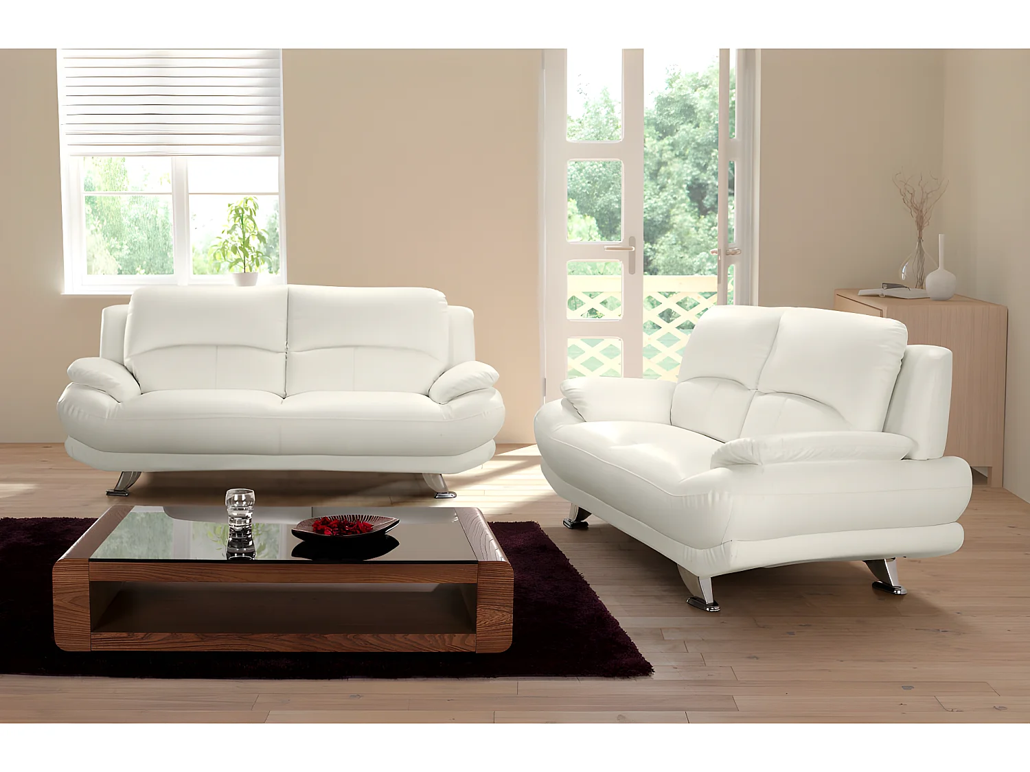 Komplet wypoczynkowy 3+2 z ekoskóry MUSKO -  Kość słoniowa