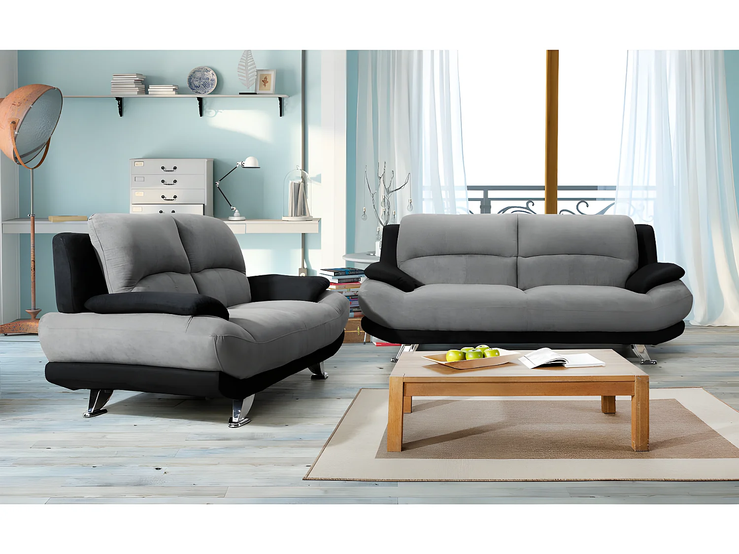 Canapés 3 places et 2 places en microfibre MUSKO - Bicolore gris et noir