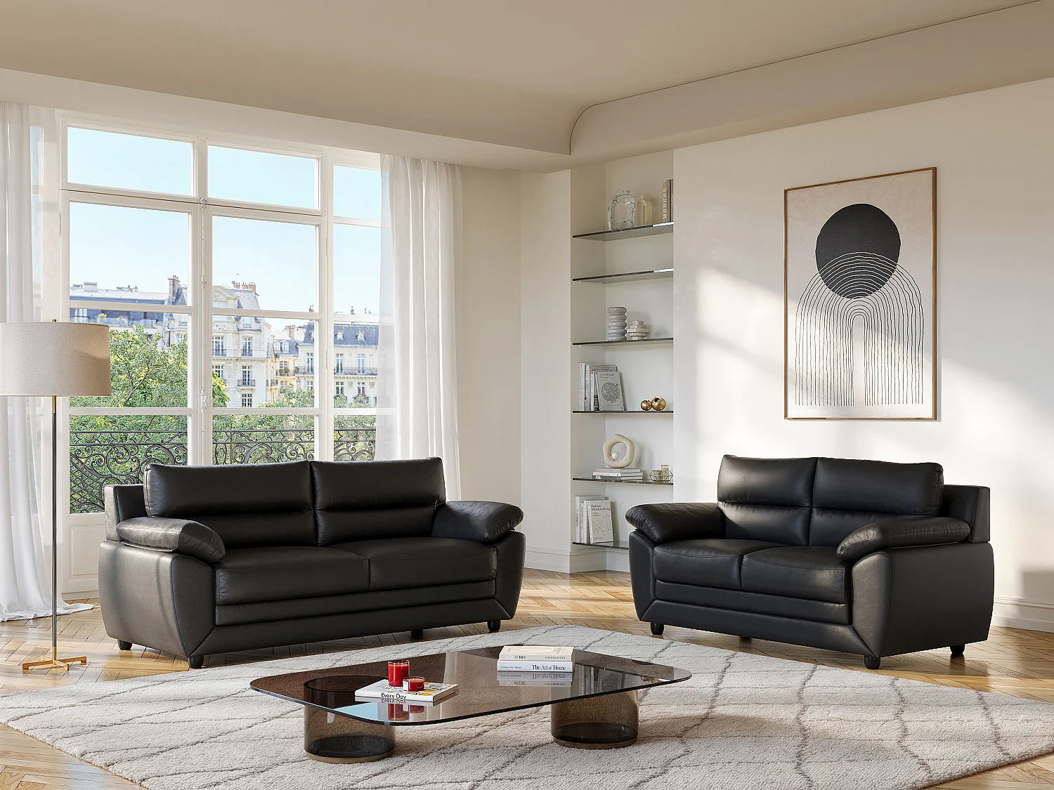 Couchgarnitur 3+2 - Kunstleder - Schwarz - MANOA