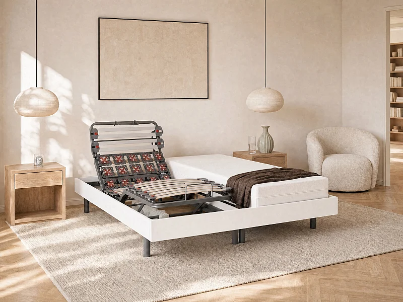 Rete relax doghe e 2x25 sospensioni deco in legno bianco di YSMÉE - 2 x 80 x 200 cm - Motori OKIN