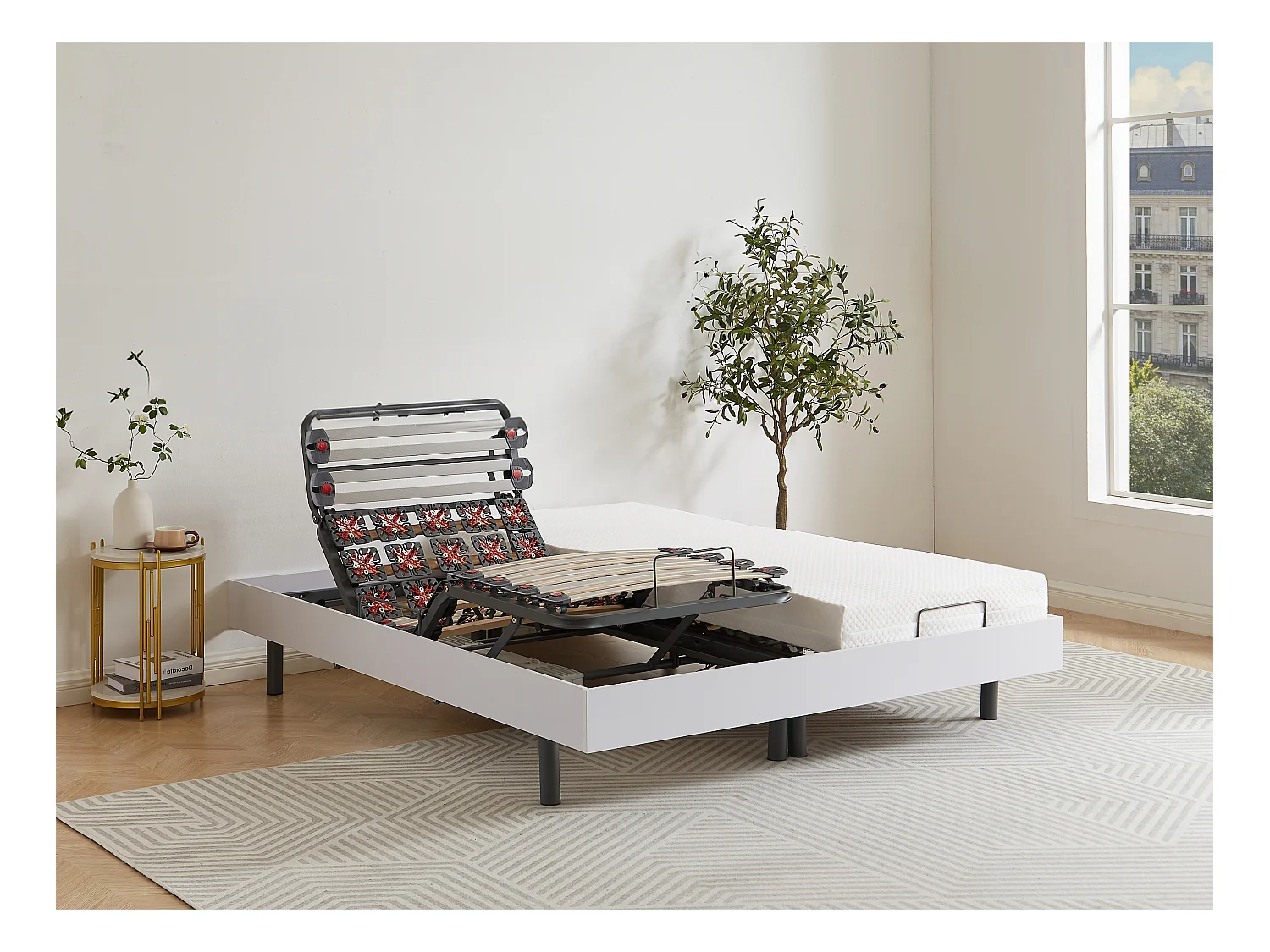 Handmatig verstelbare bedbodem met 2x30 contactplaatjes decoratief van wit hout YSMÉE - 2x90x200cm - motoren OKIN