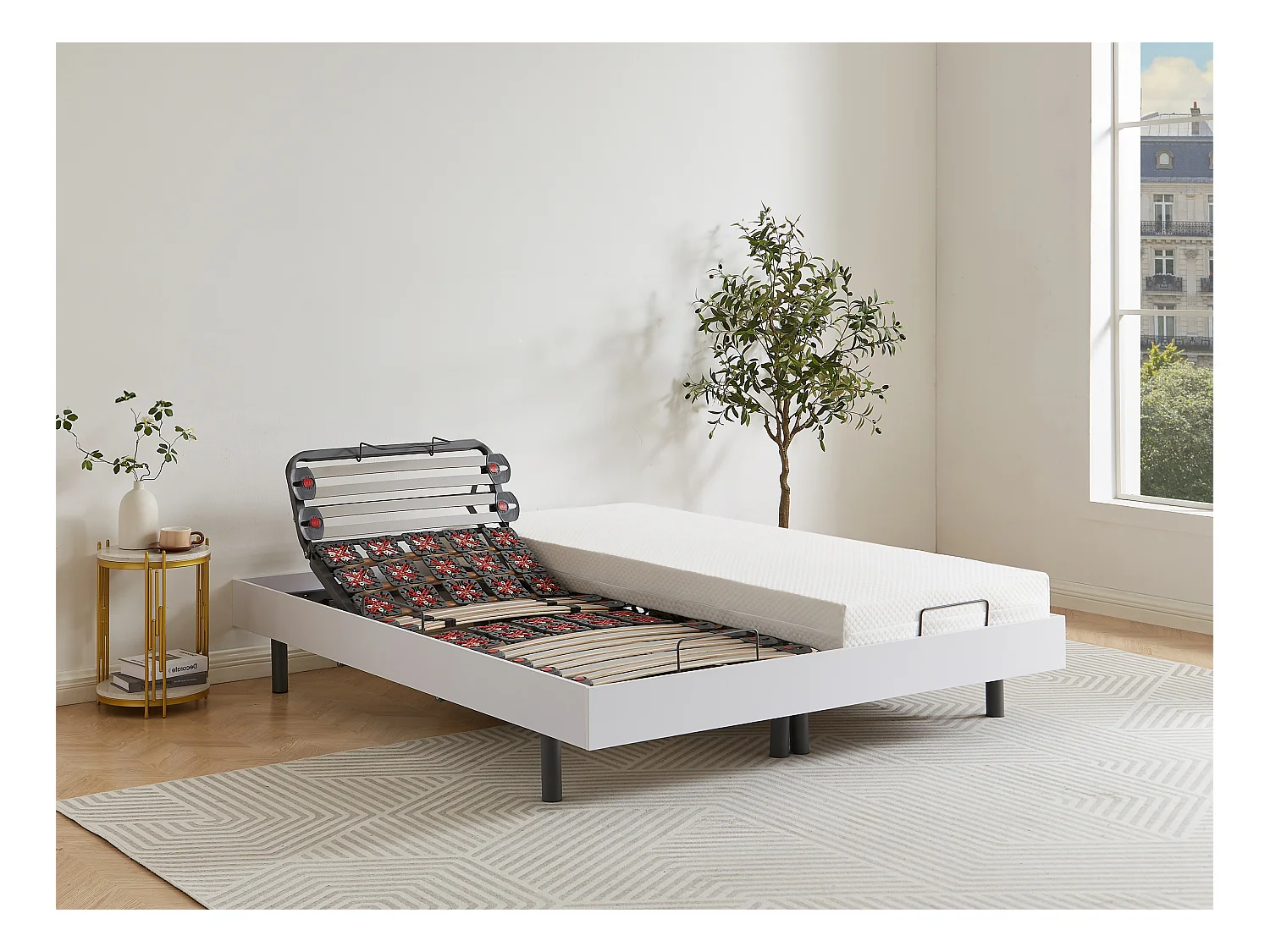 Handmatig verstelbare bedbodem met 2x30 contactplaatjes decoratief van wit hout YSMÉE - 2x90x200cm - motoren OKIN