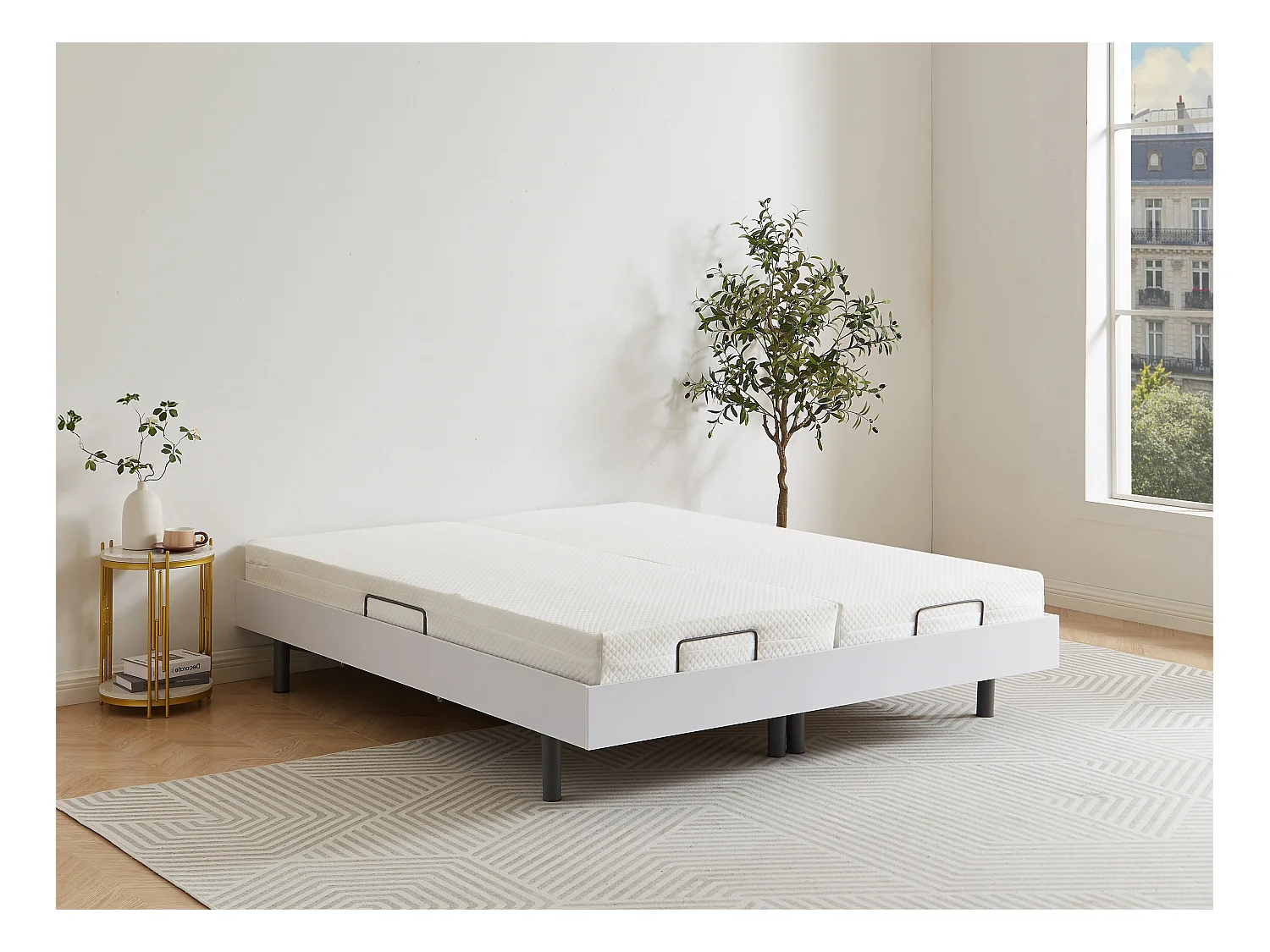 Handmatig verstelbare bedbodem met 2x30 contactplaatjes decoratief van wit hout YSMÉE - 2x90x200cm - motoren OKIN