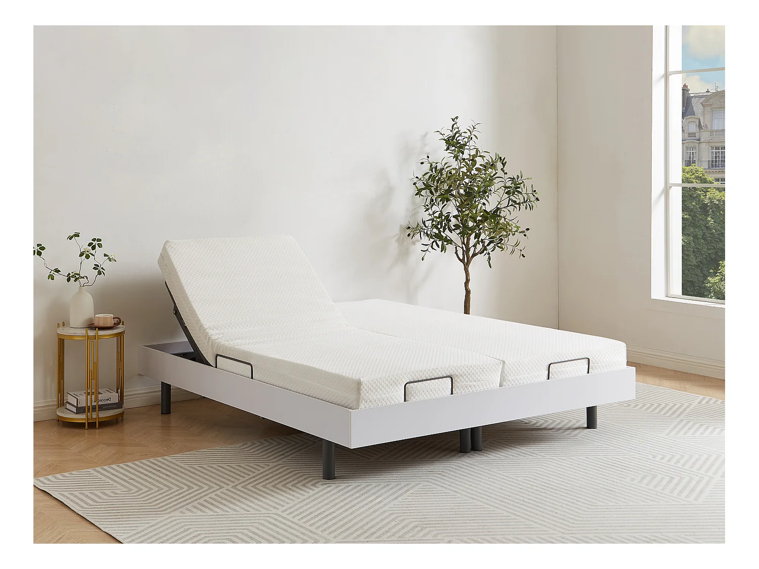 Handmatig verstelbare bedbodem met 2x30 contactplaatjes decoratief van wit hout YSMÉE - 2x90x200cm - motoren OKIN