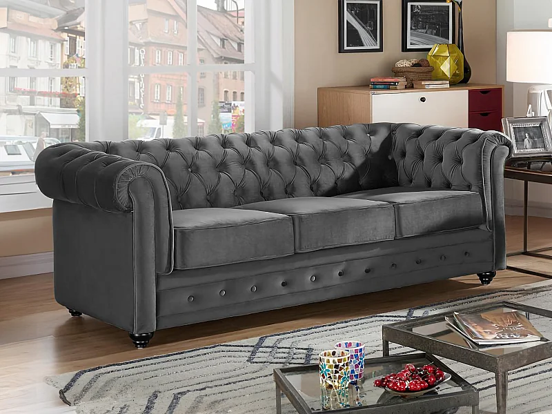 Canapé 3 places CHESTERFIELD - Velours anthracite