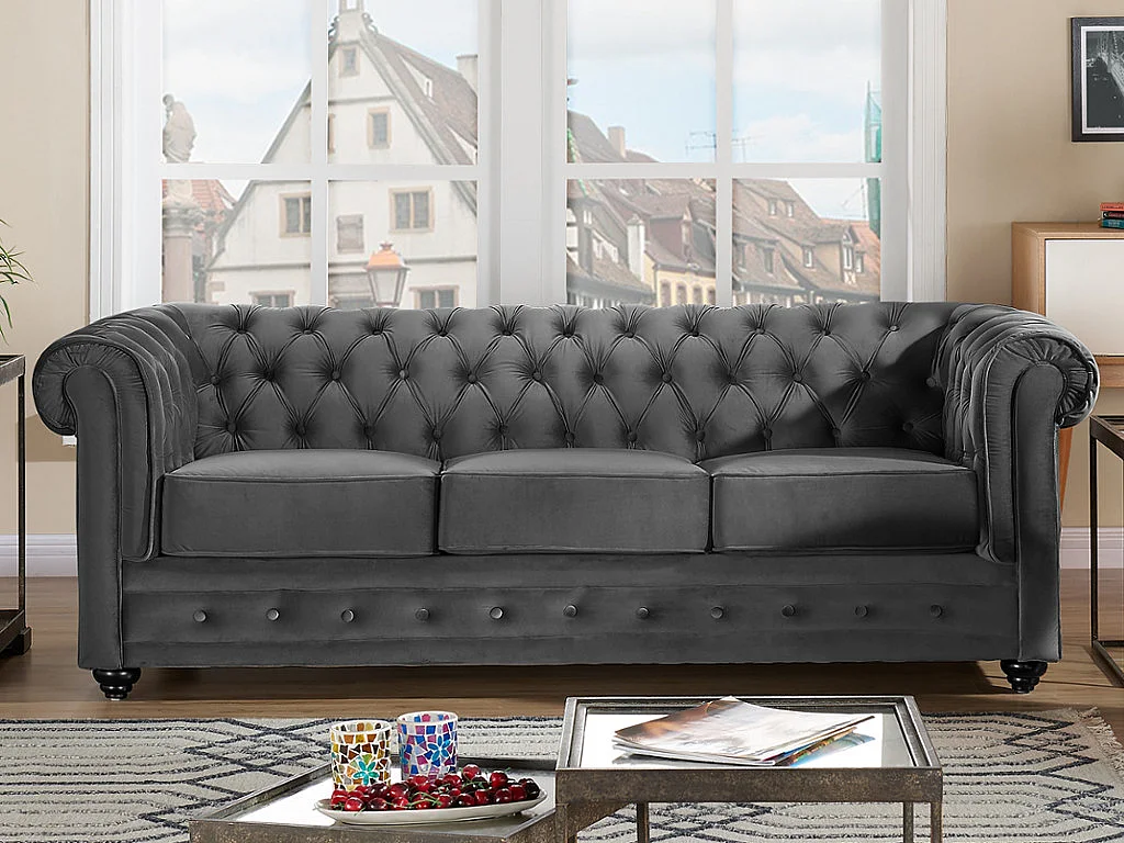 Canapé 3 places CHESTERFIELD - Velours anthracite