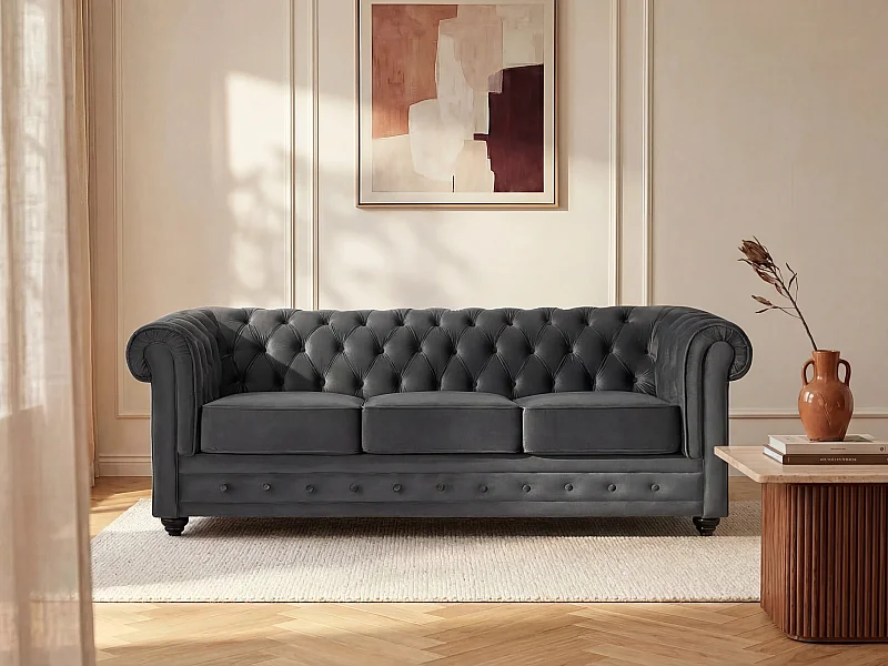 Canapé 3 places CHESTERFIELD - Velours anthracite