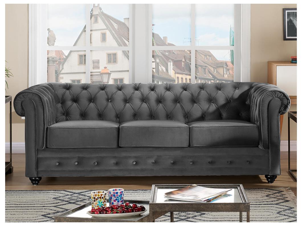 Canapé 3 places CHESTERFIELD - Velours anthracite