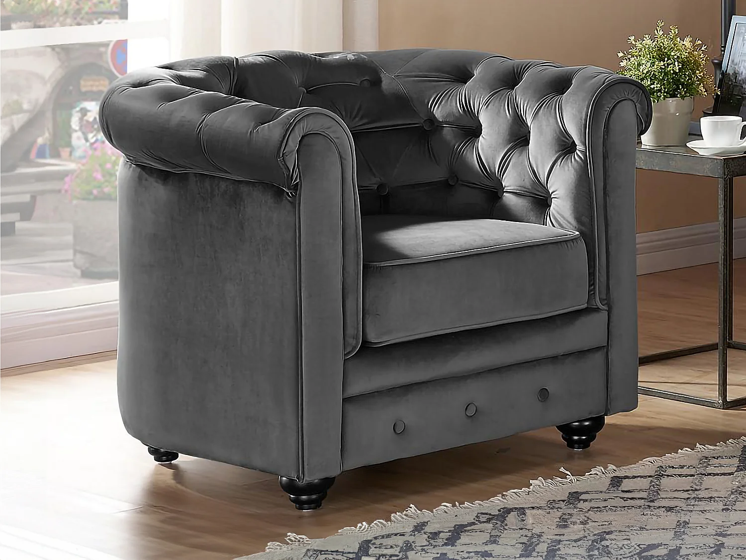 Fauteuil CHESTERFIELD - Velours anthracite