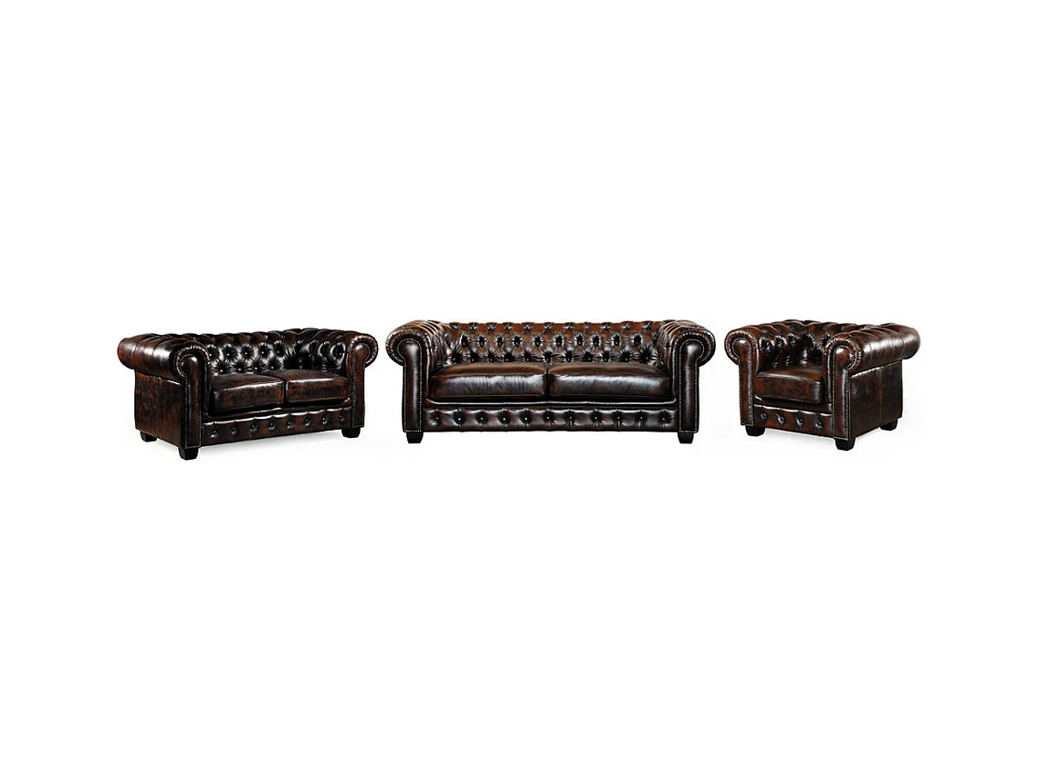 Canapés chesterfield 3 places 2 places et un fauteuil BRENTON 100% cuir de buffle - Marron reflets châtains