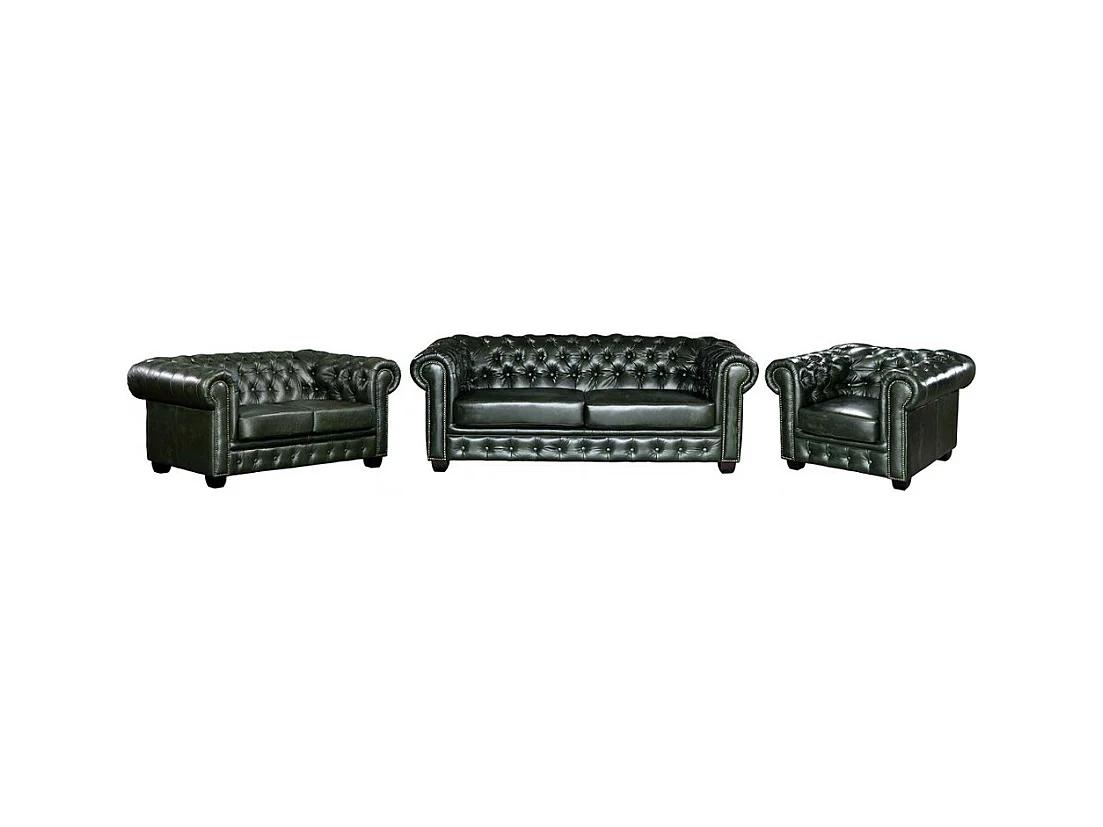 Canapés chesterfield 3 places 2 places et un fauteuil BRENTON 100% cuir de buffle - Vert Empire