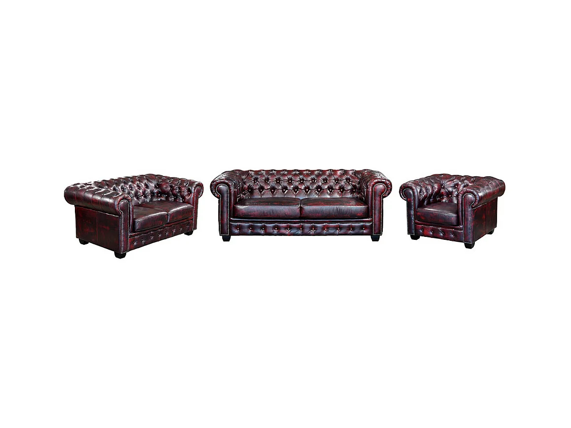 Canapés chesterfield 3 places 2 places et un fauteuil BRENTON 100% cuir de buffle - Bordeaux
