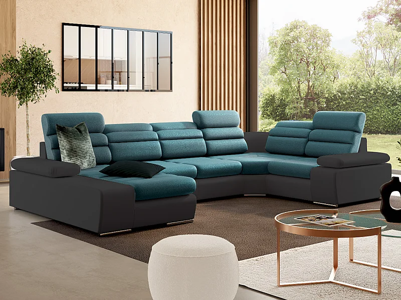 Canapé d'angle panoramique convertible en tissu et simili BOILEAU - Bicolore turquoise/anthracite - Angle gauche