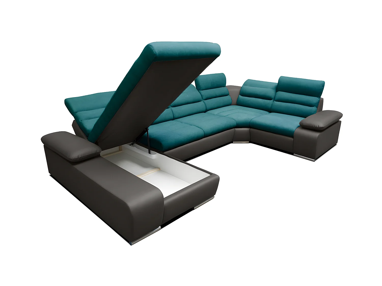 XXL hoekbedbank van stof en kunstleer BOILEAU - Tweekleurig turquoise/antraciet - Hoek links