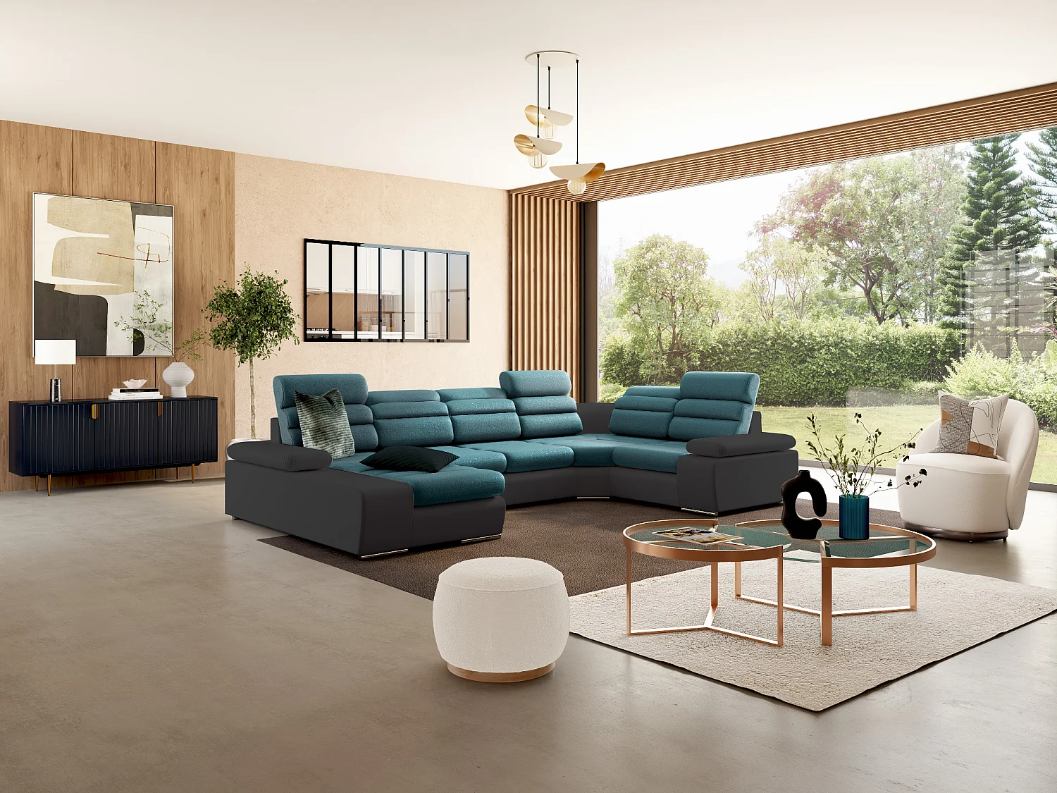 Hjørnesofabord panoramisk stofkonvertibel BOILEAU - Tofarvet turkis/antracitgrå - Venstrevinkel