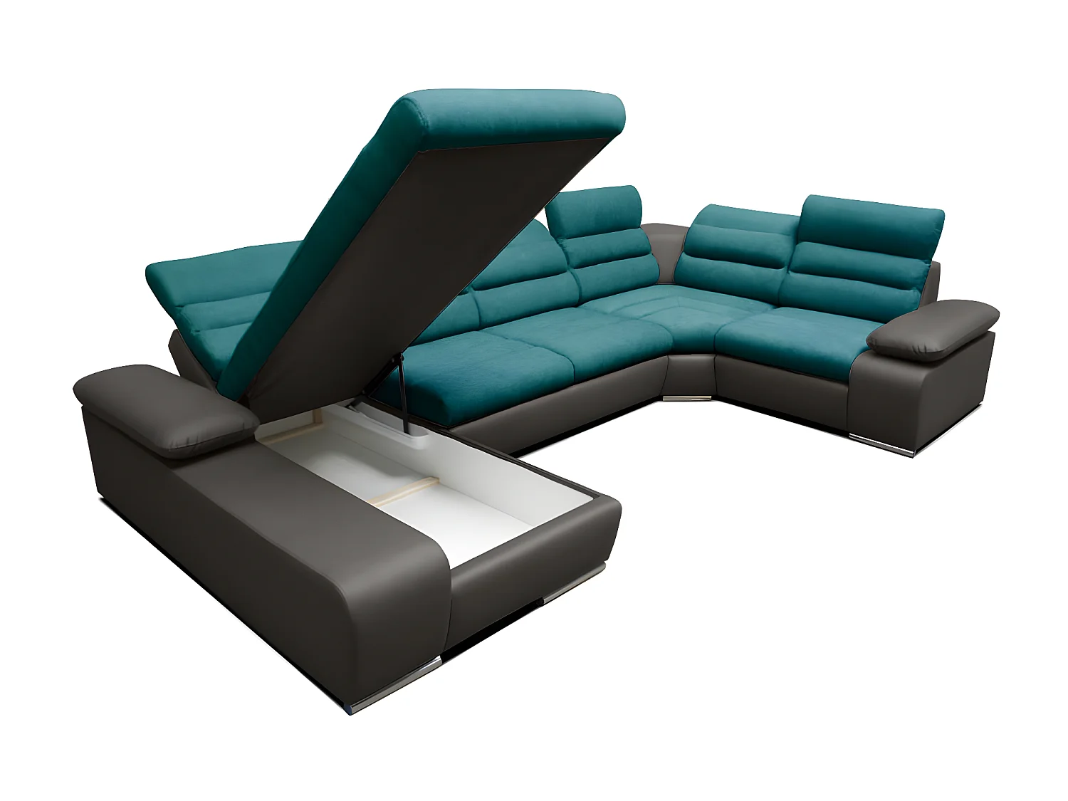 Divano letto angolare panoramico in tessuto e similpelle Bicolore turchese e antracite - Penisola a sinistra - BOILEAU