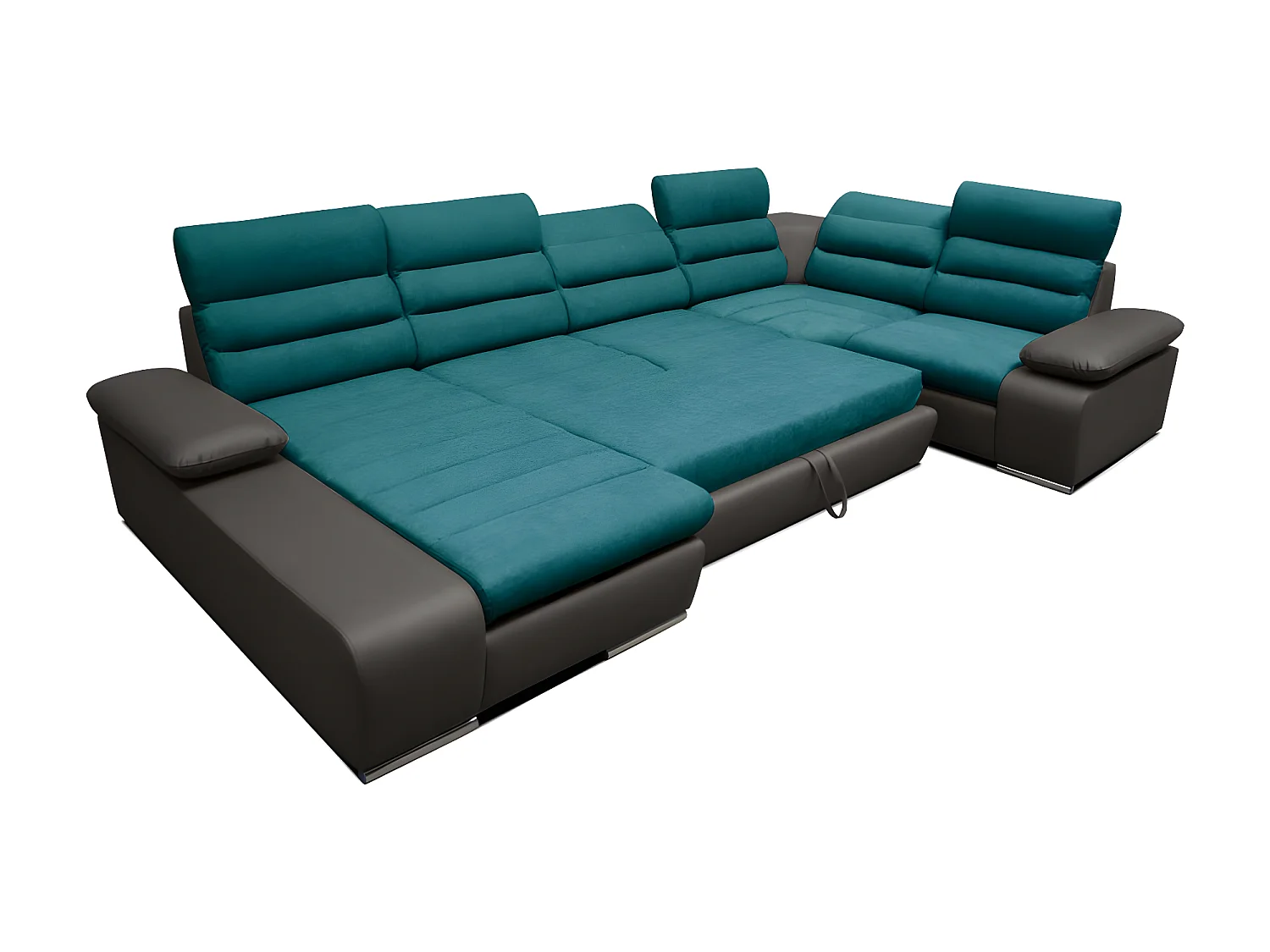 Divano letto angolare panoramico in tessuto e similpelle Bicolore turchese e antracite - Penisola a sinistra - BOILEAU
