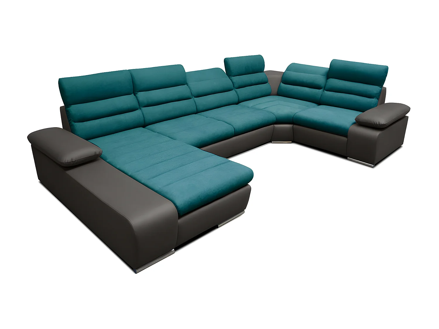 Divano letto angolare panoramico in tessuto e similpelle Bicolore turchese e antracite - Penisola a sinistra - BOILEAU